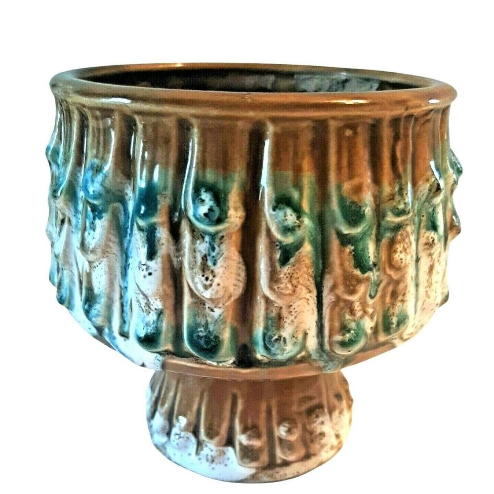 Lefton Aqua Brown Drip Glazed Pottery Pedestal Bowl Vase Made in Japan